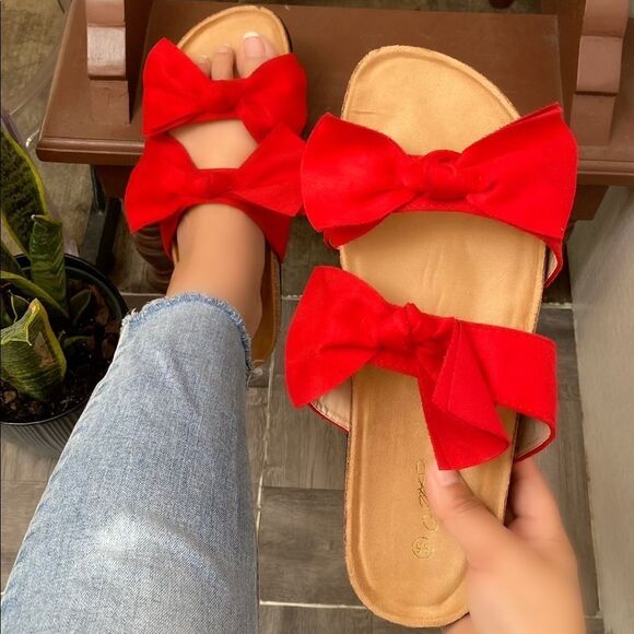 Shoes - Red Double Bow Slide Sandal